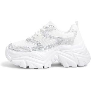 Women's Chunky Sneakers Platform Leather Casual Shoes Wedge White Rhinestone